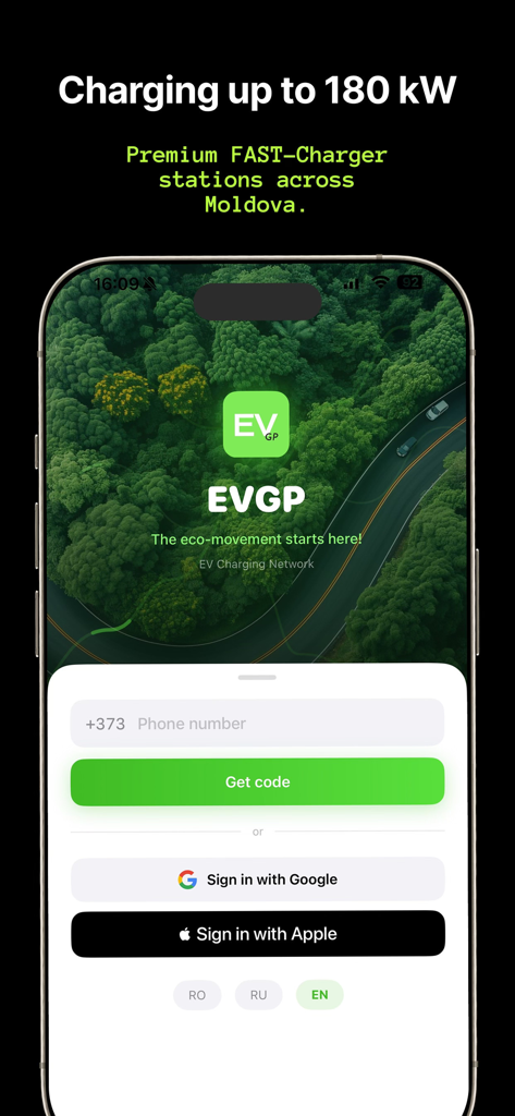 EVGP - EV Charging - EVGP mobile app login screen showing authentication options with Google and Apple sign in