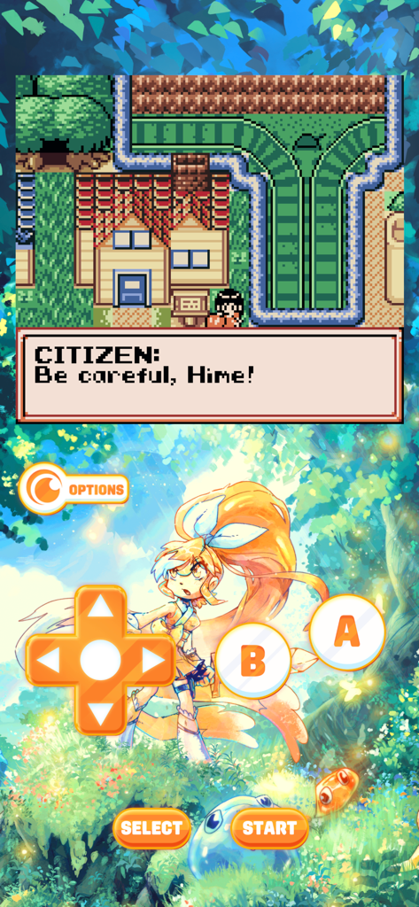 Crunchyroll: Hime’s Quest - モバイルデバイスに仮想ゲームパッドオーバーレイを備えた、Crunchyroll Hime's Questのレトロピクセルアートゲームプレイ画面。