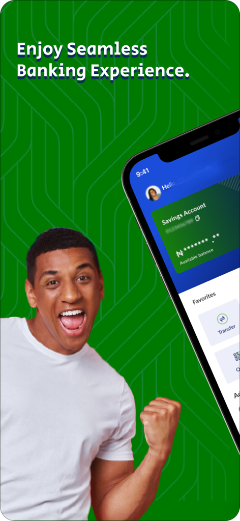 Fidelity Online Banking - Cheerful man with a smartphone showing the Fidelity Online Banking app savings account interface