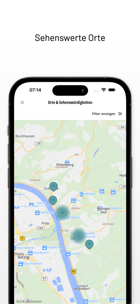 Mapa interativo de Linz am Rhein mostrando pontos turísticos e transporte público no aplicativo Meine Region Linz