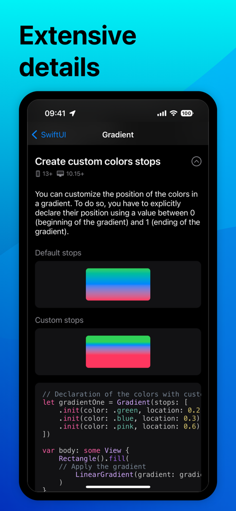 A mobile screen showing SwiftUI code snippets and visual previews for creating custom color stops in gradients.