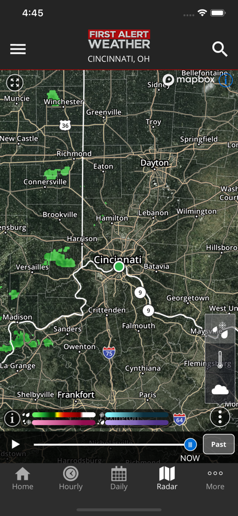 FOX19 First Alert Weather - The FOX19 First Alert Weather app showing a high-resolution interactive radar map centered on Cincinnati Ohio.