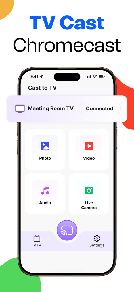 Cast for Chromecast - TV Cast - Main interface of the TV Cast app showing options to cast photos videos audio and live camera to a smart TV