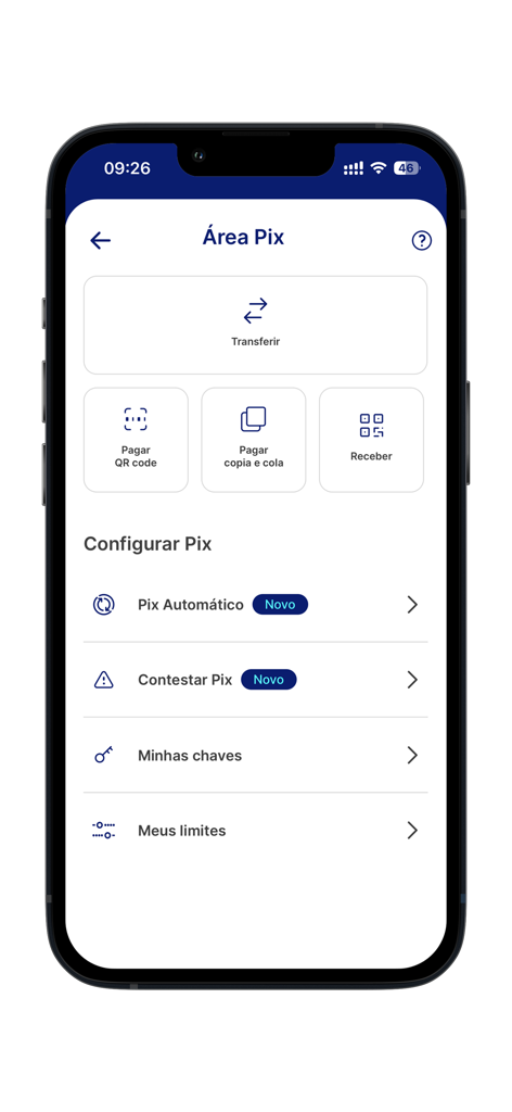 Banco Rendimento - Interfaz de la sección Pix en la aplicación bancaria de Banco Rendimento mostrando opciones de transferencia y pago