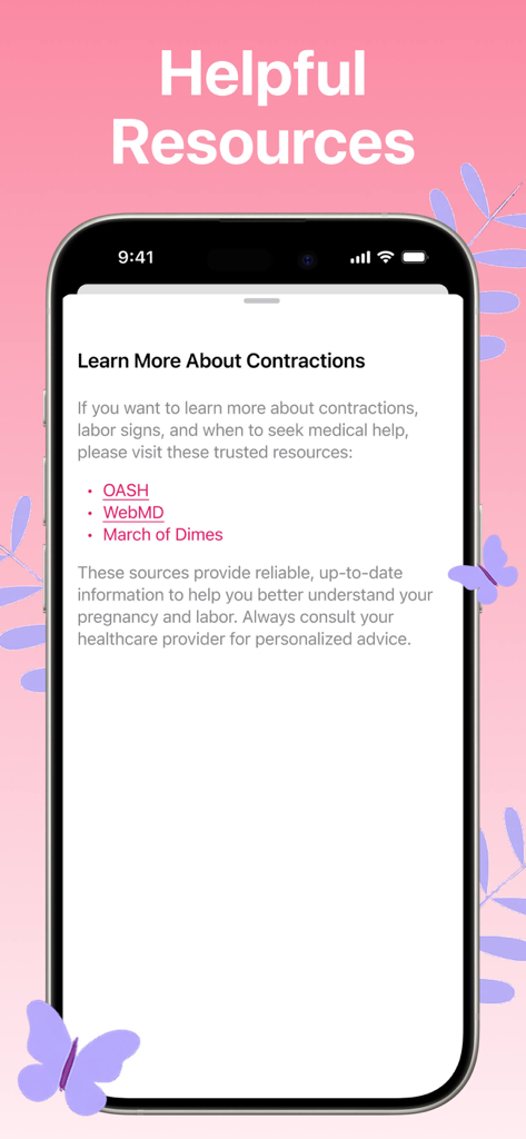A screen displaying helpful resources and links to trusted medical websites for pregnancy and labor information.
