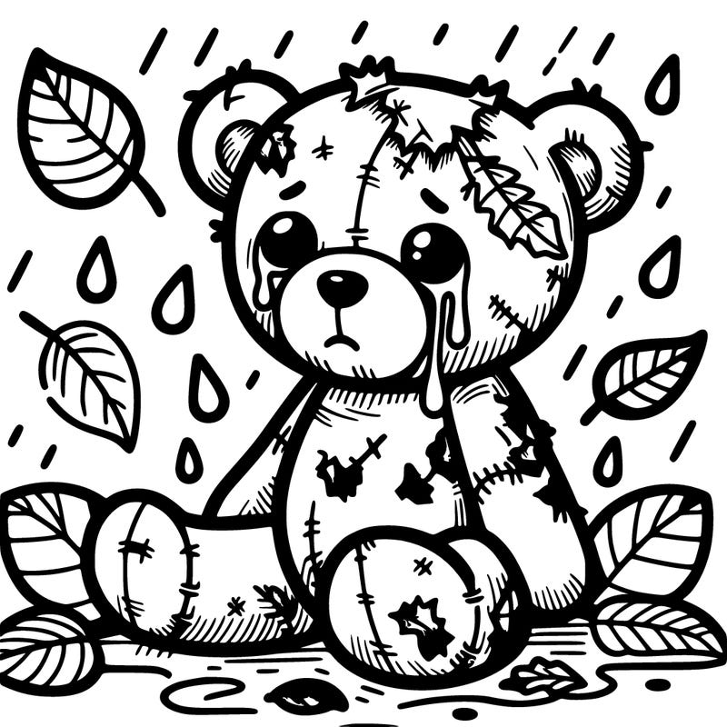 tattered teddy bear with leaves and rain