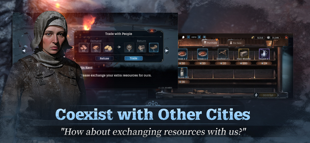 In-game screenshot showing the resource trading and purchase interface with a character in Frostpunk Beyond the Ice.