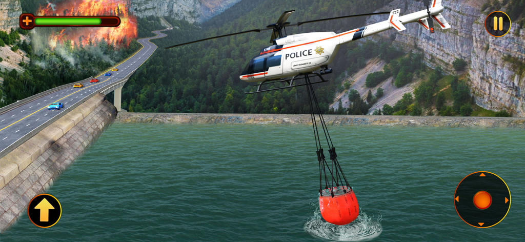 911 Emergency Fire Truck Team - Police helicopter carrying a red water bucket to extinguish a forest fire in a simulation game