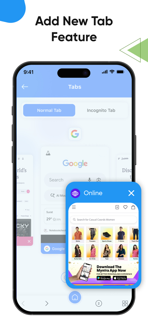 Internet Browser : Private Web - Interface of the SwiftBrowse app showing how to manage normal and incognito tabs.