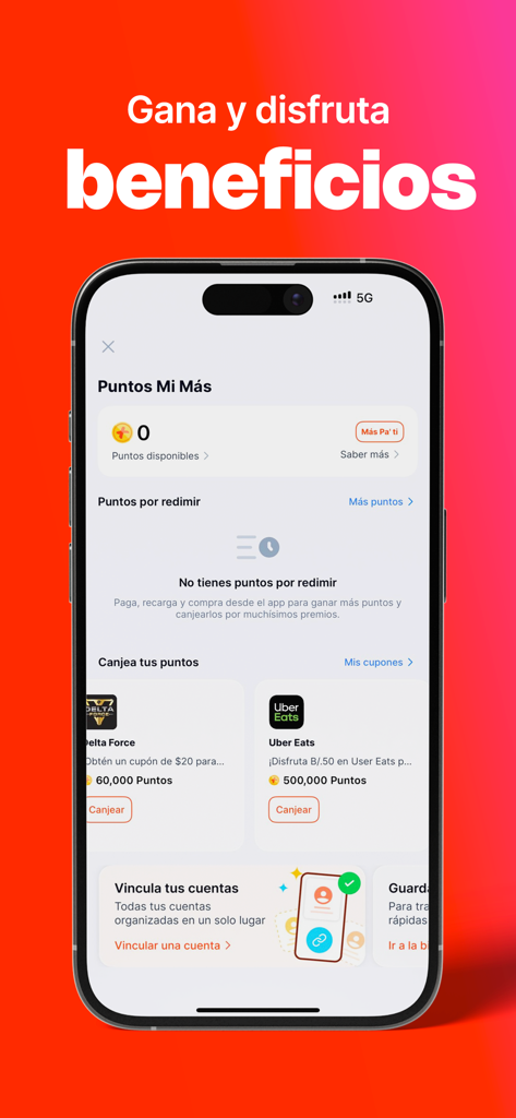 Mi Mas - Screenshot of Mi Mas app displaying the rewards interface with points balance and redemption options for partner coupons like Uber Eats
