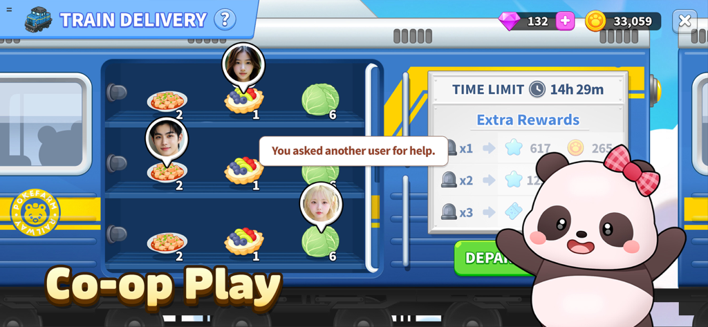 PokeFarm - Cozy farm Game - A cute panda mascot standing next to a train delivery interface showing co-op play requests and food items in PokeFarm.