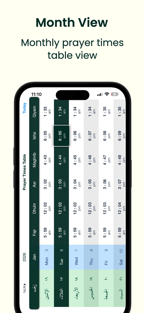 Smartphone screen showing a monthly table of Islamic prayer times for each day.