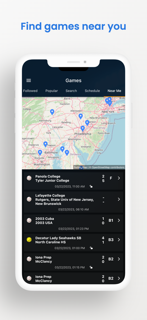 A mobile app screen showing a map with pins marking sports game locations and a list of live scores below
