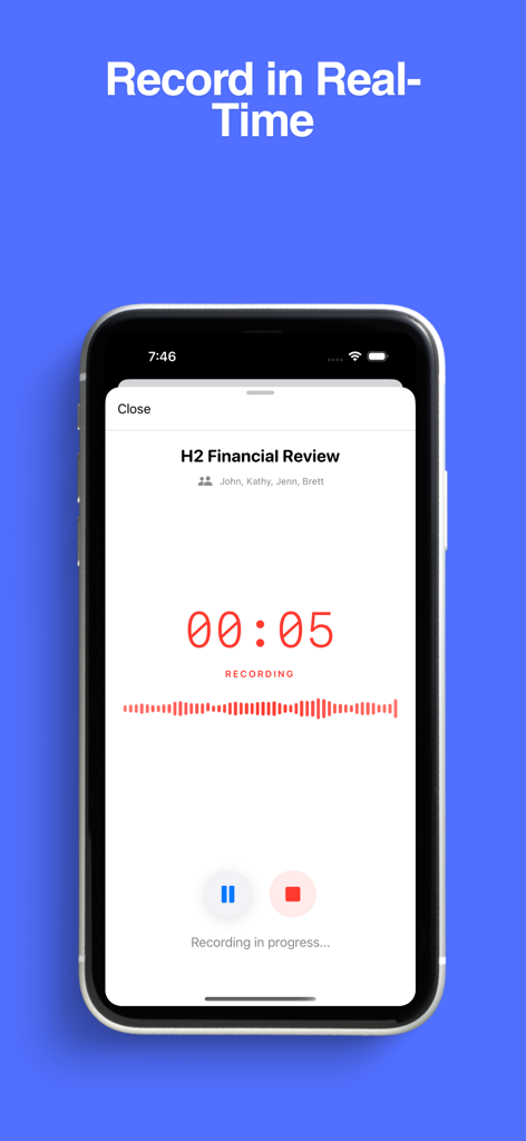 Meeting Recorder Minutes: Scrb - MinuteScribe app interface showing a real-time recording of a financial review meeting with a timer and waveform.