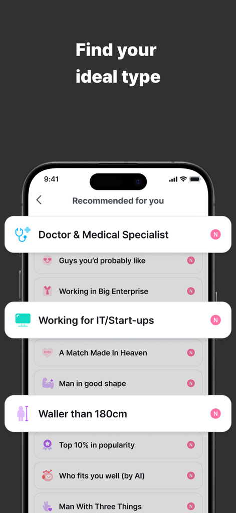 Noondate: Dating & Friends - Noondate app interface showing dating recommendation categories like medical specialists and IT professionals to find an ideal match