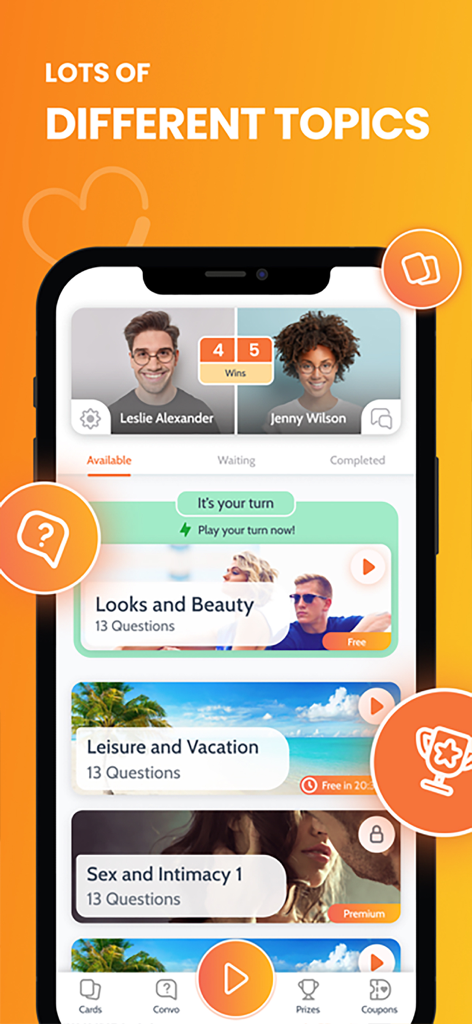 Mobile Benutzeroberfläche von Couple Game Relationship Quiz mit verschiedenen Fragenkategorien wie Freizeit und Intimität.