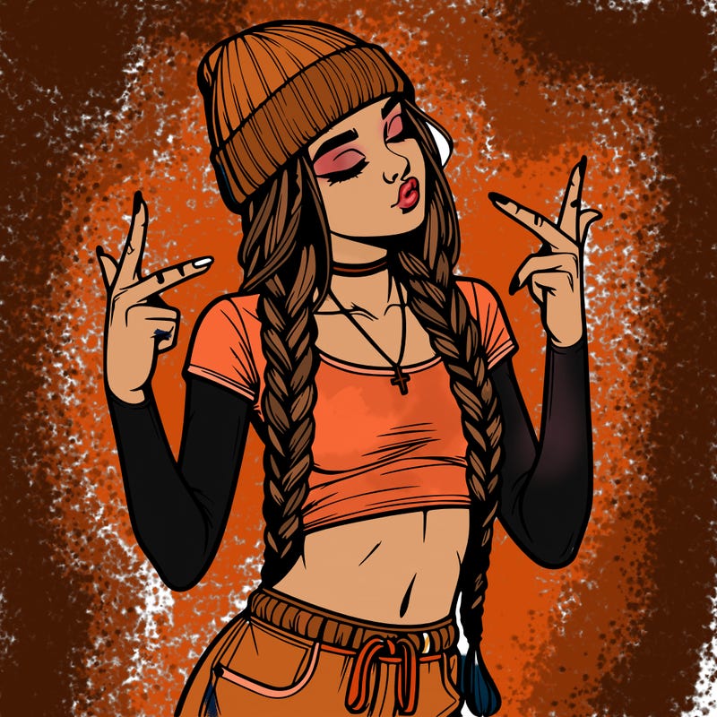 realistic teenage girl with braids and a beanie and crop top doing 🫶🏼