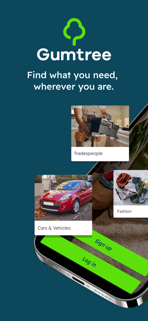 Gumtree mobile app interface showing categories for tradespeople cars and fashion