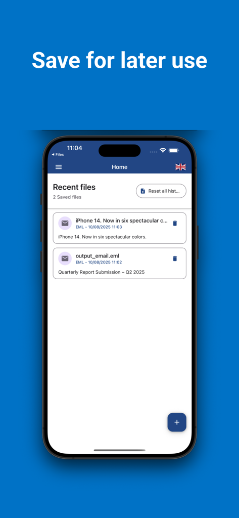 Oberfläche der mobilen E-Mail-Reader-App, die eine Liste kürzlich gespeicherter und aufgerufener EML-Dateien anzeigt