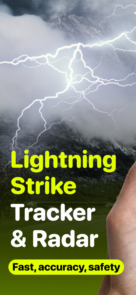 Lightning Tracker My Radar Map - Schermata promozionale di un'app mobile che mostra un fulmine sopra le montagne con testo per il tracker di fulmini e radar che enfatizza la rapida accuratezza e sicurezza