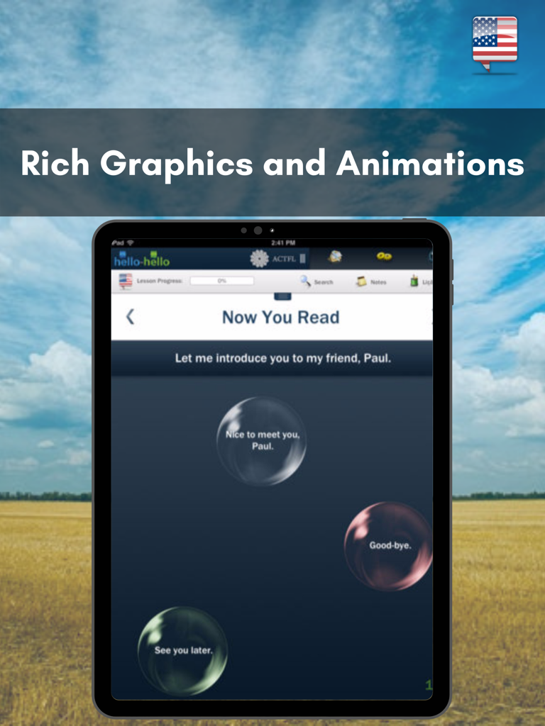Learn English with Hello-Hello - iPad che mostra l'app Learn English with Hello-Hello con un esercizio di conversazione funzionale con ricca grafica e animazioni