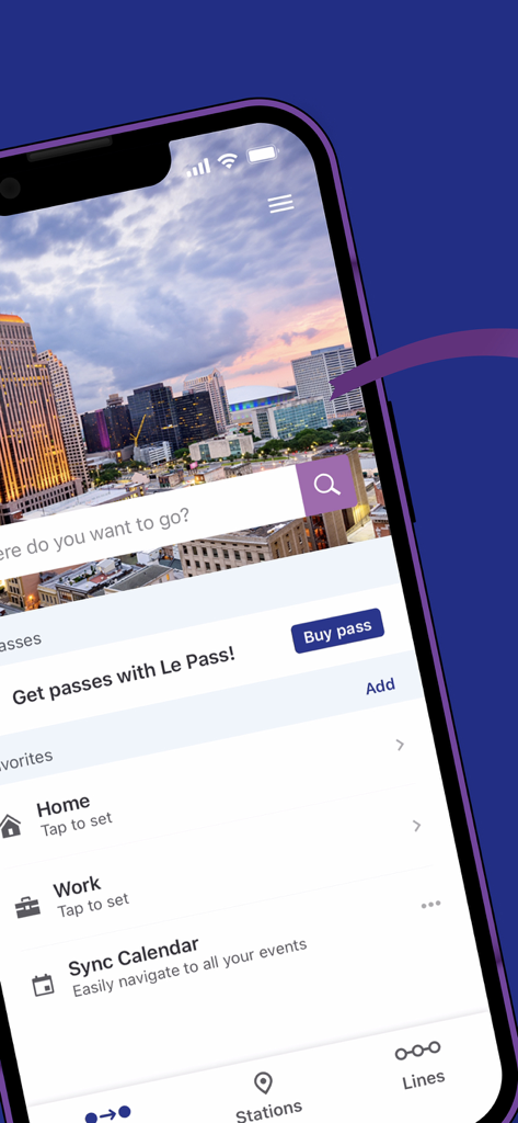 Interface de l'application mobile RTA Le Pass montrant la planification des transports et les options d'achat de billets à La Nouvelle-Orléans