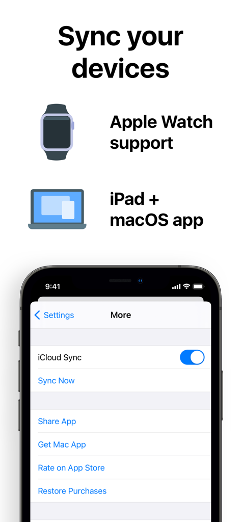 Class Timetable - Schedule App - App Orario Lezioni che mostra le impostazioni di sincronizzazione iCloud con supporto per Apple Watch, iPad e macOS