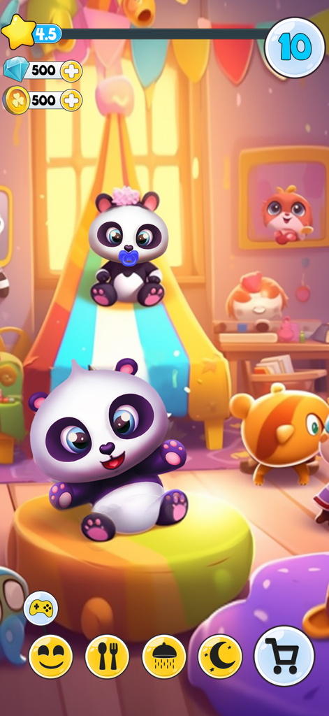 Pu - Care panda bears - Adorable panda character Pu in a colorful decorated room with game menu icons