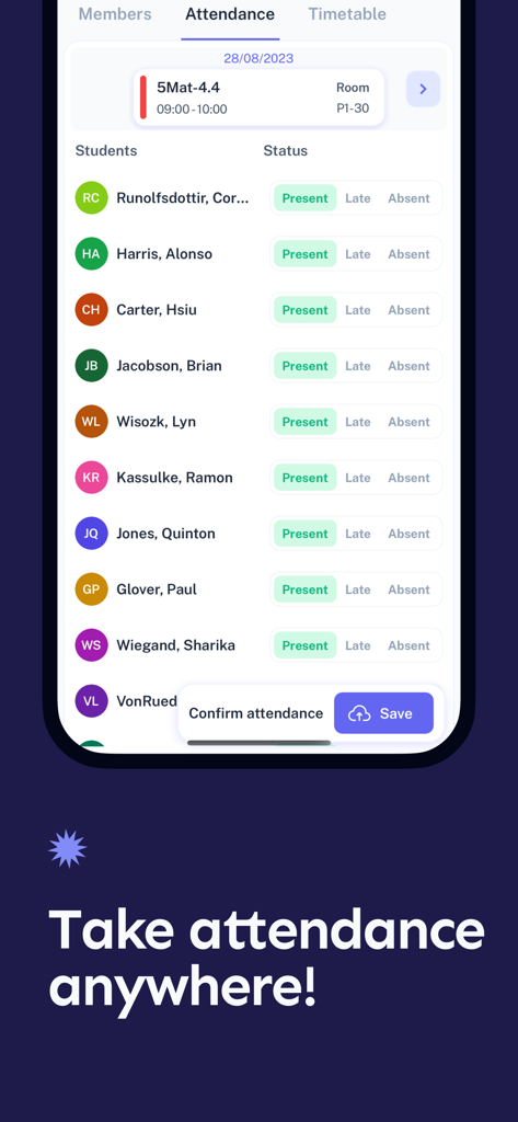 Tyro School - Tyro School mobile app interface for teachers to mark student attendance with options for present, late, or absent status.