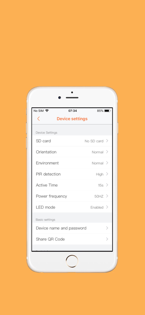 Pantalla de la aplicación Senwa Mediaport mostrando la configuración del dispositivo para la configuración de la cámara de seguridad y el timbre