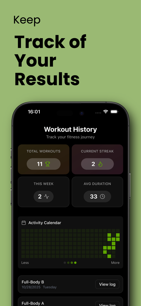 Calimax: Calisthenics Coach - Panel de historial de entrenamiento en la aplicación de calistenia Calimax que muestra estadísticas de progreso y calendario de actividad.
