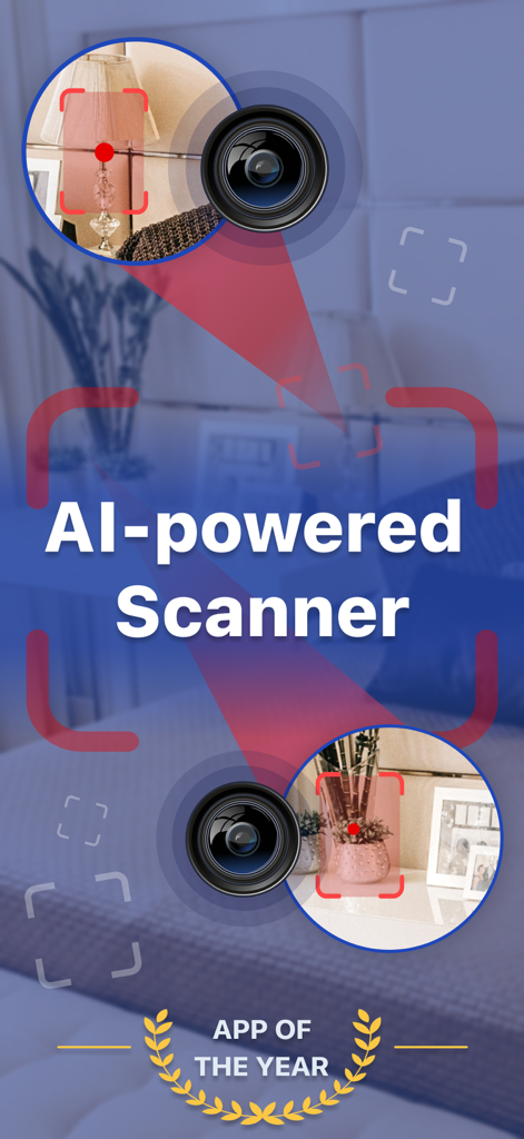 RF Bug Detector: Secret Detect - A mobile app interface showcasing an AI-powered scanner identifying hidden cameras in a room