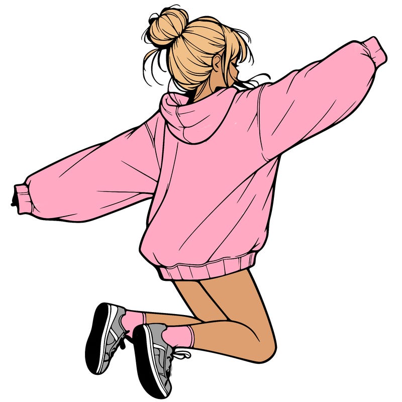 realistic girl jumping with a bun and oversized sweatshirt