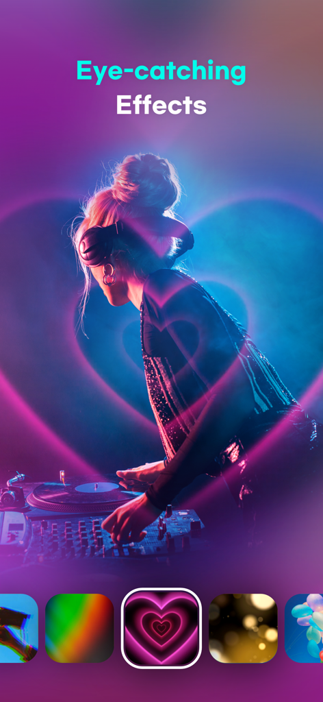 A DJ with a pink heart neon video effect and aesthetic filters in the VDIT app.