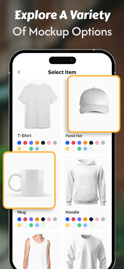 Mobile app screen showing various product mockup options for custom design including shirts hats and mugs