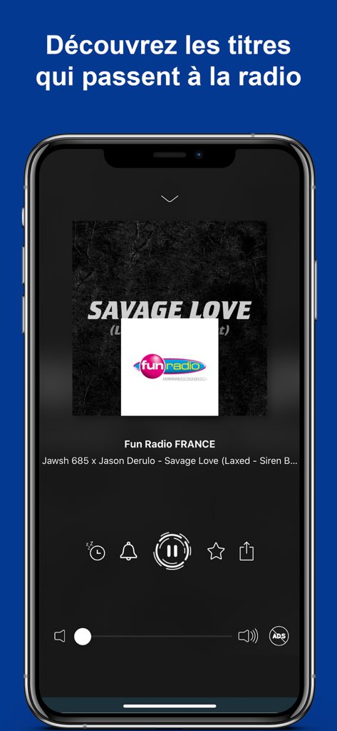 France Radio: Online, FM et AM - Interfaz del reproductor de música de la aplicación France Radio mostrando una canción sonando en Fun Radio