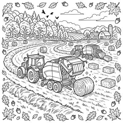 Step into a rustic autumn farm scene with our detailed baling machines coloring page. This intricate design captures the essence of harvest season, featuring powerful tractors at work amidst a field full of hay bales.