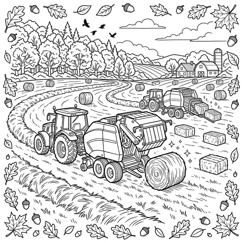 Step into a rustic autumn farm scene with our detailed baling machines coloring page. This intricate design captures the essence of harvest season, featuring powerful tractors at work amidst a field full of hay bales.