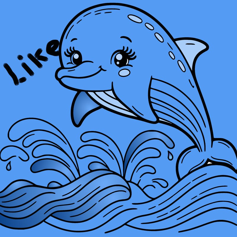 cute dolphin, smiling, long eyelashes, jumping over sea waves