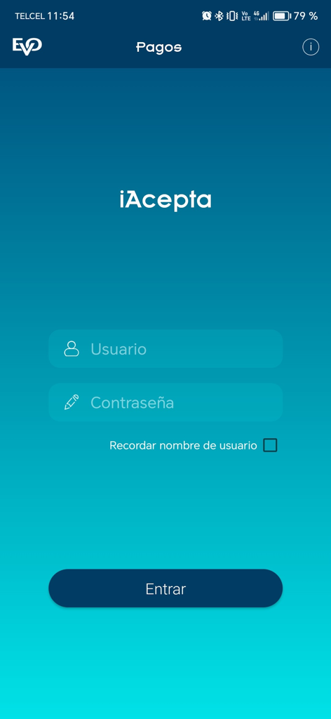 Interfaz de inicio de sesión de la aplicación iAcepta 4.0 con campos de nombre de usuario y contraseña