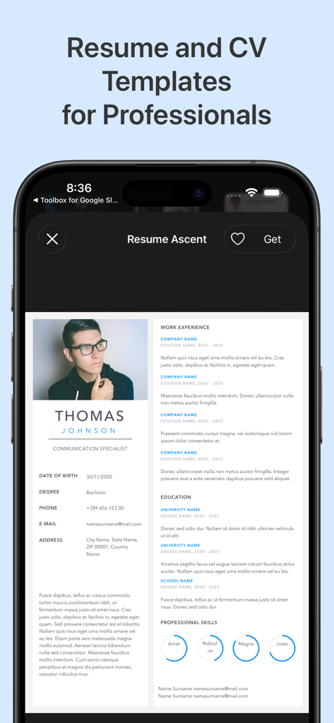Plantilla profesional de currículum y CV para Google Docs en iPhone