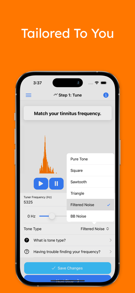AudioNotch app interface showing the tinnitus tuner to match personal ear ringing frequency