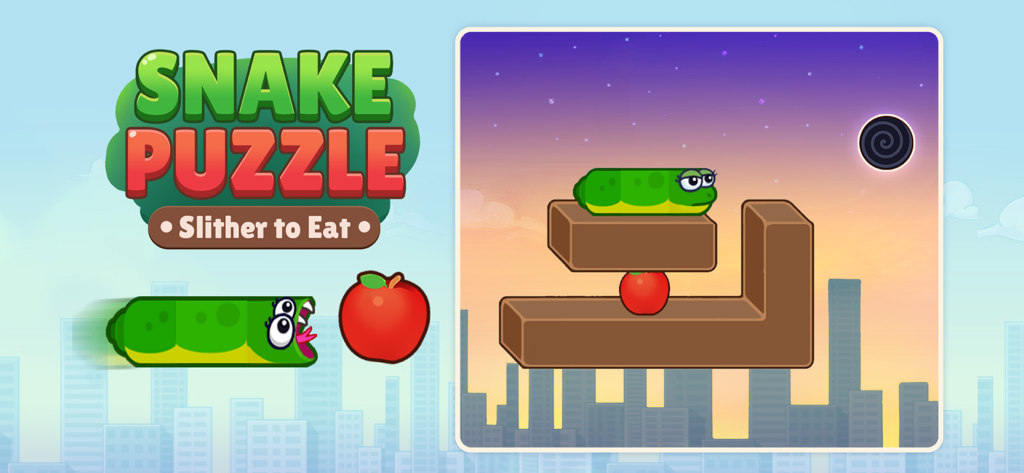 Snake Puzzle: Slither to Eat! - Snake Puzzle game preview showing a green snake eating an apple on a platform
