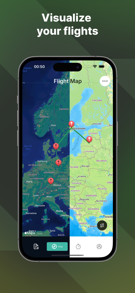Avilog - Avilog mobile app interface showing a flight route map across Europe with a split day and night view
