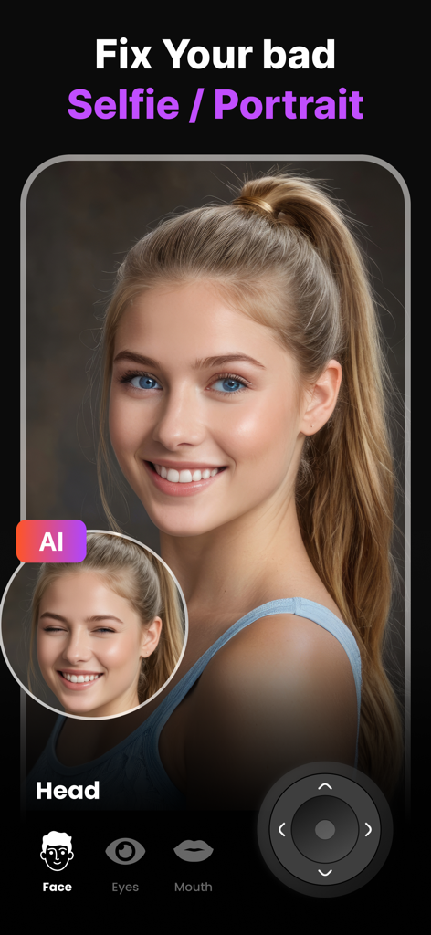 Expression Editor - Reshot AI - Interface of Reshot AI app showing facial expression correction on a woman's portrait