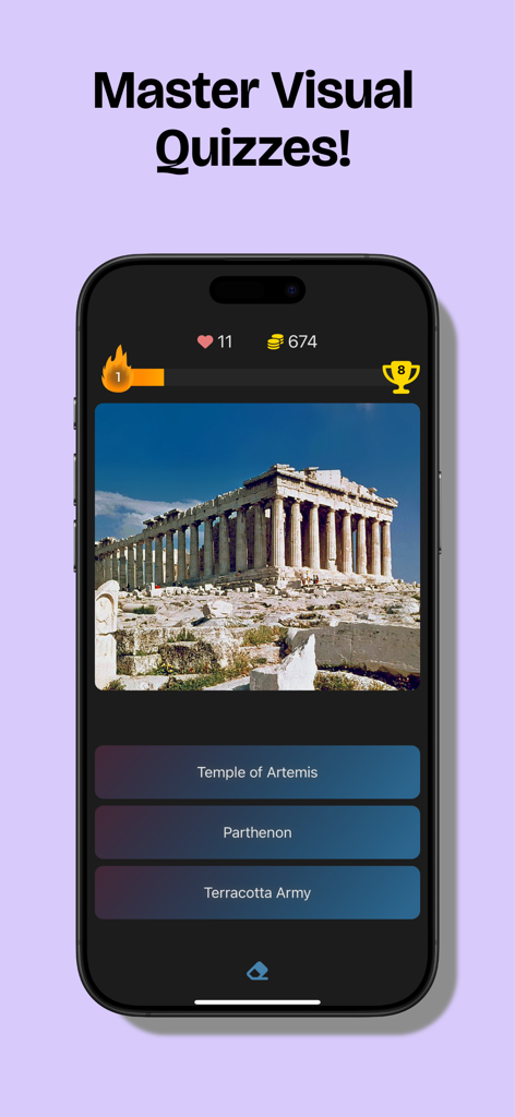LinkQuiz: Trivia & Knowledge - A mobile screen showing a visual history quiz in LinkQuiz where the player identifies the Parthenon from a photo.