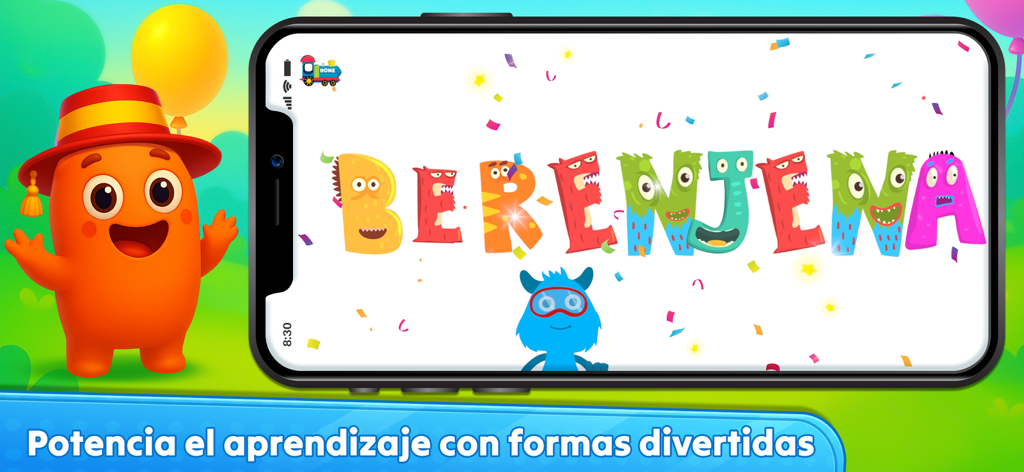 Foxie - Spanish Fun & Learn - Foxieアプリ画面が、カラフルなモンスターキャラクターで、スペイン語の単語 Berenjena を表示しています