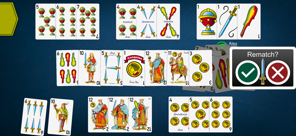 A gameplay screen of Conquian 333 featuring traditional Mexican cards and a rematch dialog