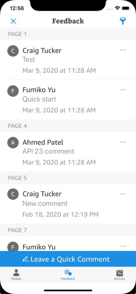 Amazon WorkDocs - Amazon WorkDocs feedback screen showing a list of user comments organized by page number with an option to leave a quick comment