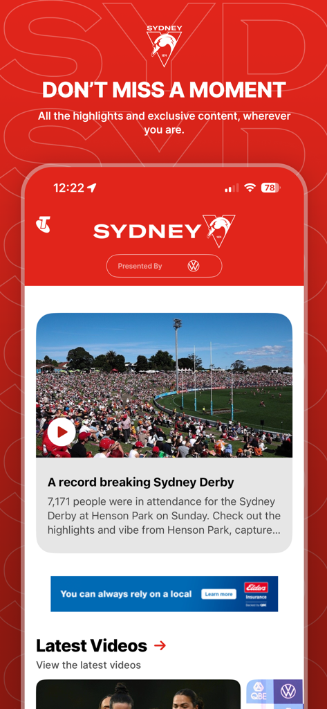 Sydney Swans Official App - Home screen of the Sydney Swans Official App featuring match highlights and the latest news feed.